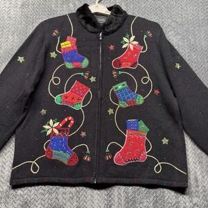 Designers Originals Studio L Christmas Stocking Embellished Zip Sweater Black